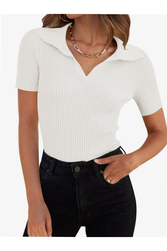 Womens V Neck T Shirts Short Sleeve Slim Fit POLO Tops Solid Color Trendy Summer Basic Tee T-Shirts