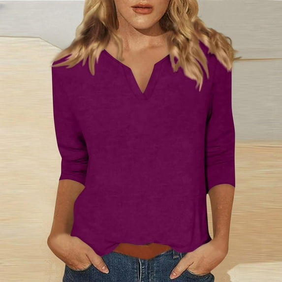 Womens V Neck T-Shirts Solid Color Casual Basic Plus Size 3/4 Length Sleeve Fall Fashion Trendy Casual Peplum Going Out Tops Summer Tees Blouses Loose Fit Pullover