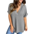 thumbnail image 1 of Womens V Neck T Shirts, Tunic Tops for Women Summer Lightweight Casual Vintage Solid Color Short Sleeve Shirts Dressy Blouses S-2XL, 1 of 6