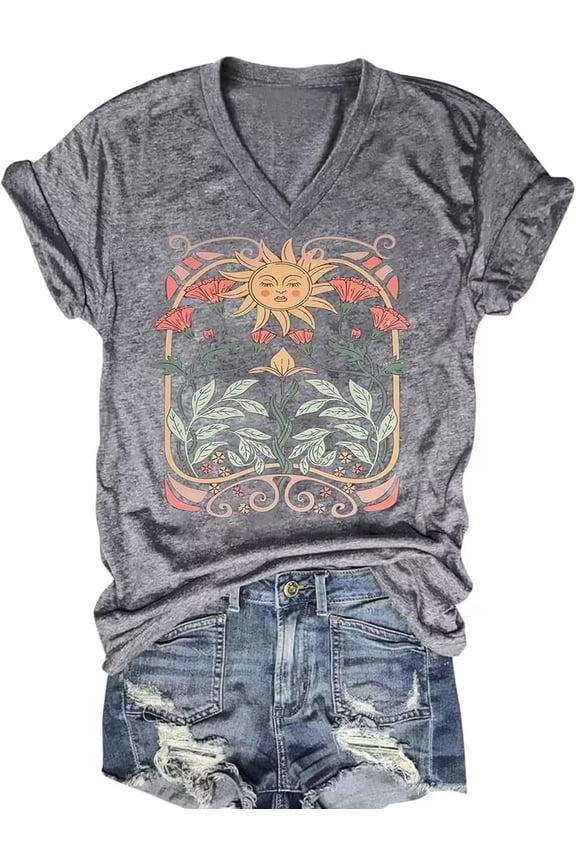 Womens V Neck T Shirts Vintage Cute Boho Flowers Short Sleeve Wildflower Tops
