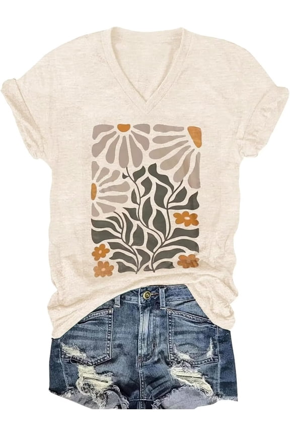 Womens V Neck T Shirts Vintage Cute Boho Flowers Short Sleeve Wildflower Tops