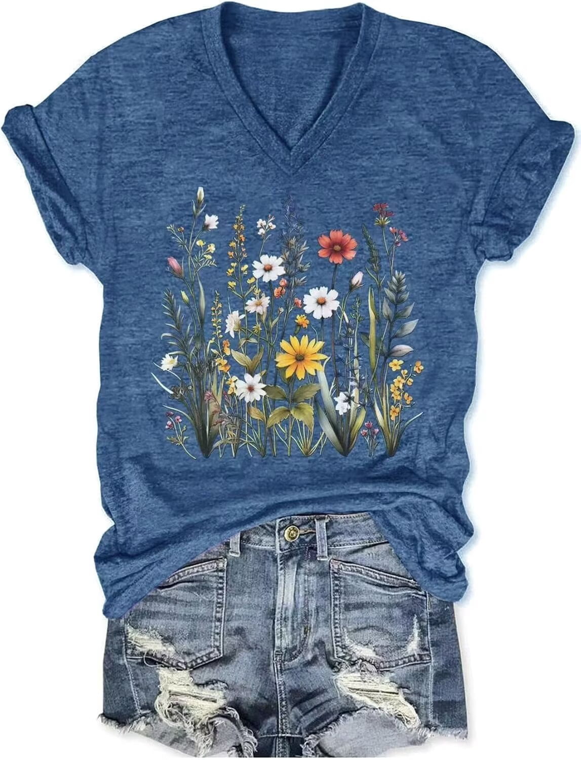 Womens V Neck T Shirts Vintage Cute Boho Flowers Short Sleeve Wildflower Tops