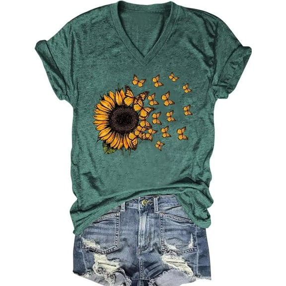 Womens V Neck T Shirts Vintage Cute Boho Flowers Short Sleeve Wildflower Tops