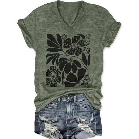Womens V Neck T Shirts Vintage Cute Boho Flowers Short Sleeve Wildflower Tops