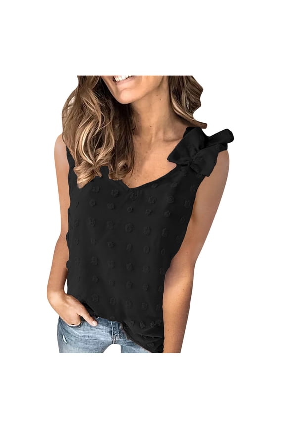 Womens V-Neck Tank Top Pom Pom Trim Patchwork Sleeveless Summer Casual Solid Cami Blouse Vest Shell Top L