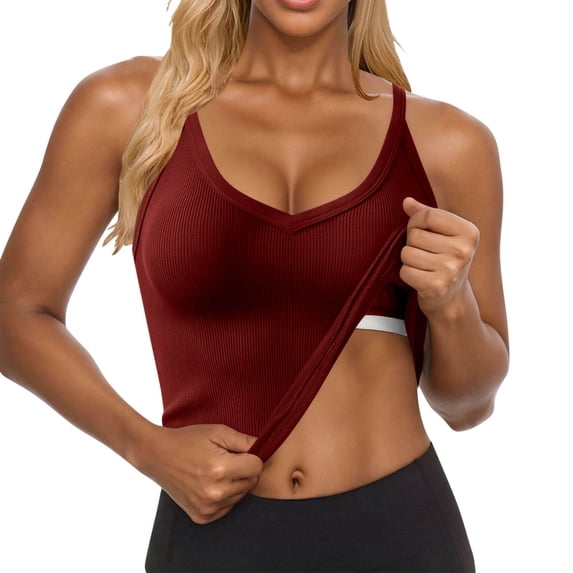 Womens V-Neck Tank Top with Built-in Bra Solid Color Sleeveless Cami Casual Comfortable Summer Top Wine