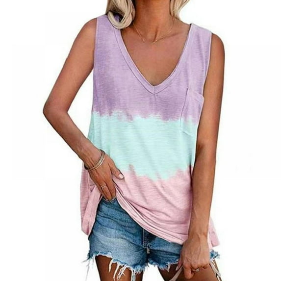 Womens V Neck Tank Tops Causal Sleeveless Basic Tops Shirts with Color Print