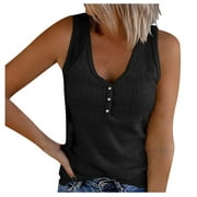 Womens V Neck Tank Tops Sleeveless Knit Ribbed Button Casual Henley Shirts Solid Color Shirts for Summer