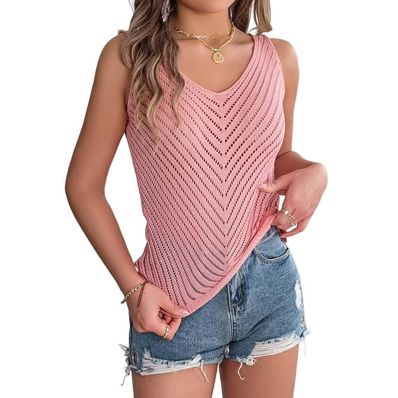 Womens V Neck Tank Tops Sleeveless Knit Shirts Summer Casual Sweater Vest Pink M