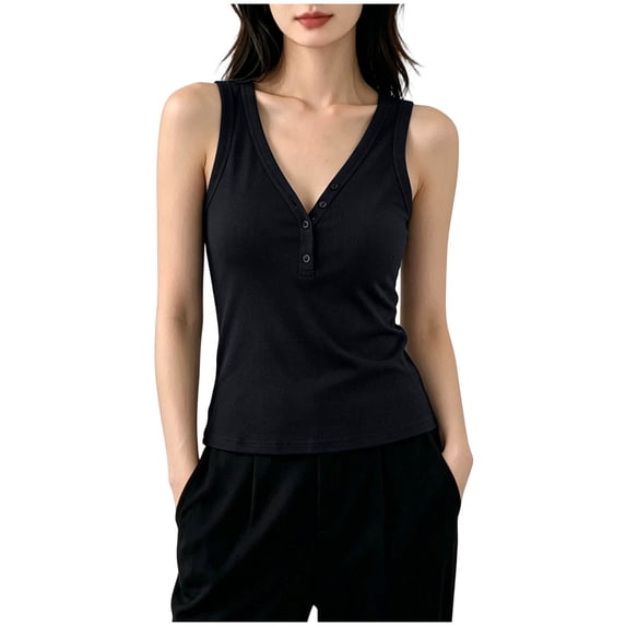 Womens V Neck Tank Tops Summer Ribbed Sleeveless Henley Shirts Casual Loose Fit Button Up Cami Knit Tees Black