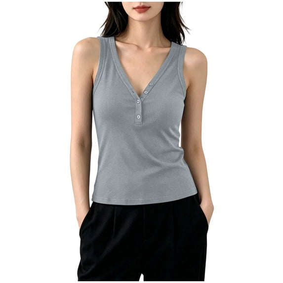 Womens V Neck Tank Tops Summer Ribbed Sleeveless Henley Shirts Casual Loose Fit Button Up Cami Knit Tees Gray