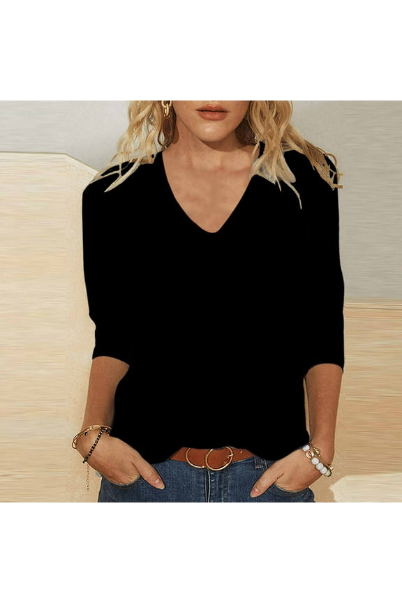 Womens V Neck Tops 3/4 Sleeve Casual Loose Pullover T Shirts Ladies Basic Solid Comfort Regular Going Out Tees Tshirts