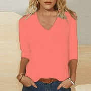 Womens V Neck Tops 3/4 Sleeve Casual Loose Pullover T Shirts Ladies Basic Solid Comfort Regular Going Out Tees Tshirts