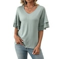 thumbnail image 1 of Womens V-Neck Tops Dressy Double Layer Bell Sleeve 3/4 Length Ruffle Sleeve T Shirts Bean Green L, 1 of 8
