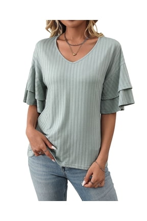Womens V-Neck Tops Dressy Double Layer Bell Sleeve 3/4 Length Ruffle Sleeve T Shirts Bean Green XL