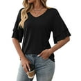 thumbnail image 1 of Womens V-Neck Tops Dressy Double Layer Bell Sleeve 3/4 Length Ruffle Sleeve T Shirts Black L, 1 of 6