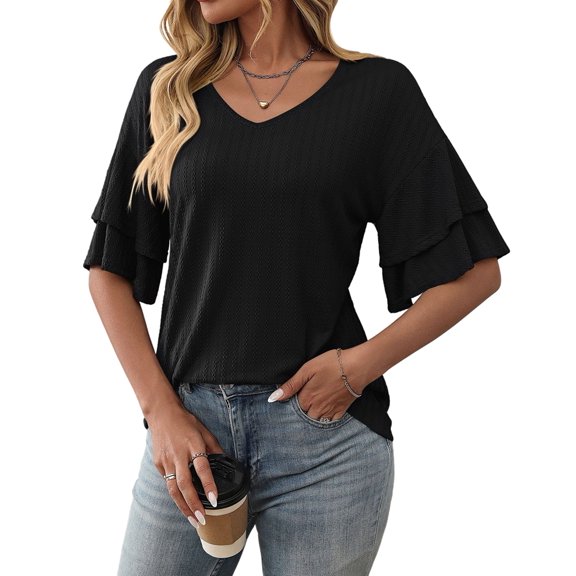 Womens V-Neck Tops Dressy Double Layer Bell Sleeve 3/4 Length Ruffle Sleeve T Shirts