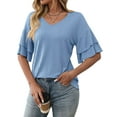 thumbnail image 1 of Womens V-Neck Tops Dressy Double Layer Bell Sleeve 3/4 Length Ruffle Sleeve T Shirts  Blue XL, 1 of 6