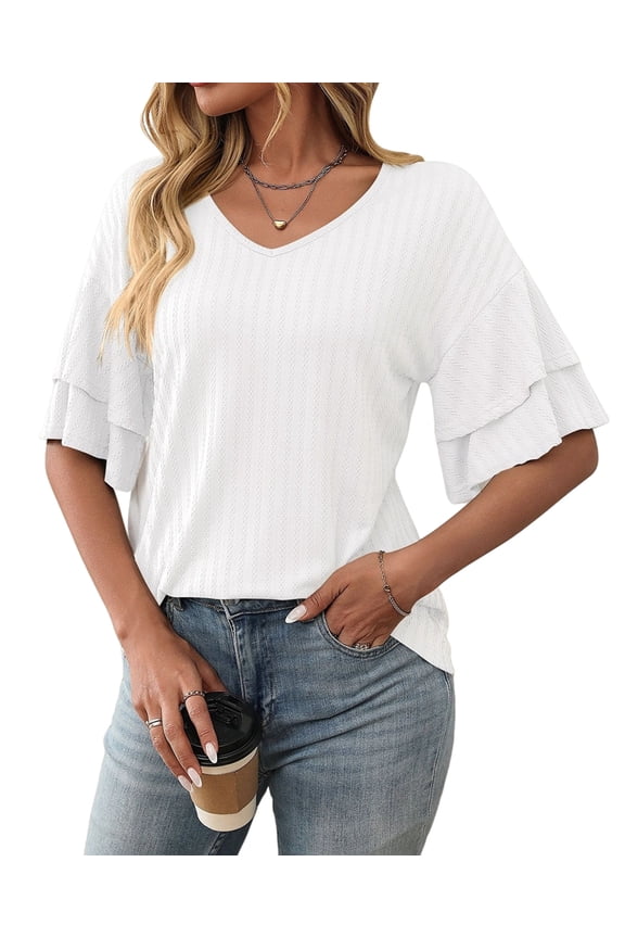 Womens V-Neck Tops Dressy Double Layer Bell Sleeve 3/4 Length Ruffle Sleeve T Shirts White L