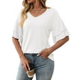 thumbnail image 1 of Womens V-Neck Tops Dressy Double Layer Bell Sleeve 3/4 Length Ruffle Sleeve T Shirts White S, 1 of 8