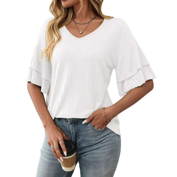 Womens V-Neck Tops Dressy Double Layer Bell Sleeve 3/4 Length Ruffle Sleeve T Shirts White S