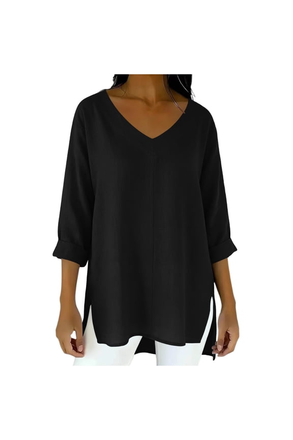 Womens V Neck Tops Long Sleeve Side Slit Short in Front Long Back Top Solid Color Loose Pullover with Pockets Black XL