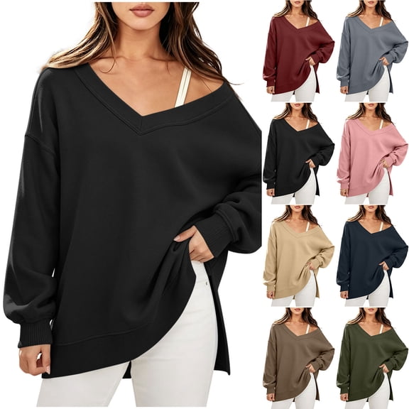 Womens V Neck Tops Long Sleeve Tshirts for Women Side Split Loose Casual Fall Top