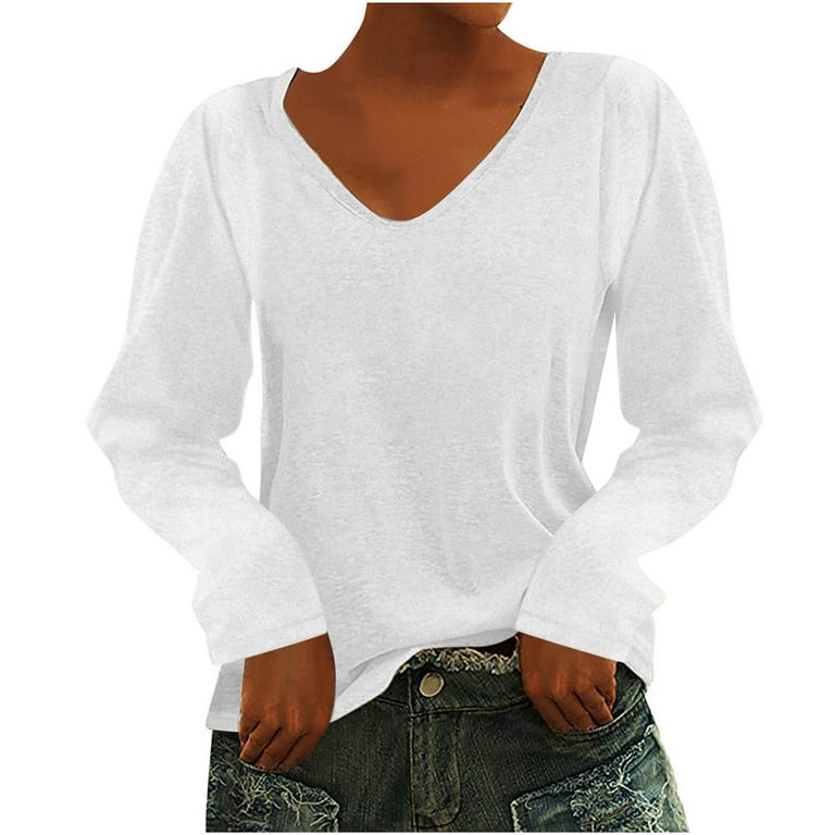 Womens V Neck Tops Loose Fit Long Sleeve Solid Color Shirts That Hide Belly  Fat 2022 Fall Casual Pullover Tee T-shirt