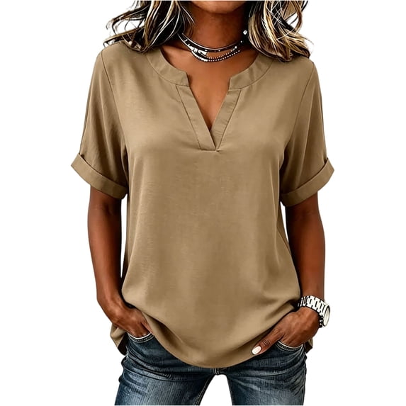 Womens V Neck Tops Short Sleeve Relaxed Loose Fit Casual Summer Blouses Versatile Everyday Summer Shirts Camel XL