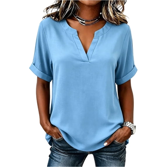 Womens V Neck Tops Short Sleeve Relaxed Loose Fit Casual Summer Blouses Versatile Everyday Summer Shirts Sky Blue 2XL