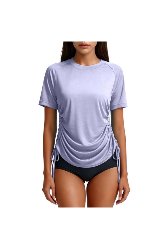 Womens V Neck Tops Three Quarter Short Puff Sleeve Solid Color Drawstring Hem Casual Blouses