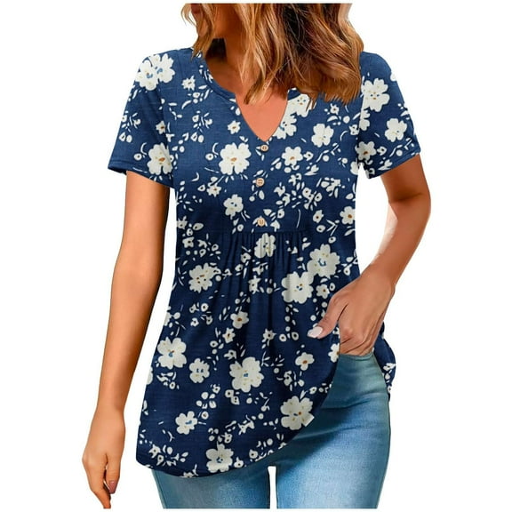 Womens V-Neck Tshirts Summer Henley Short Sleeve Tops Casual Pleated Blouse Dressy Loose Floral Basic Tee Oversize Blouses