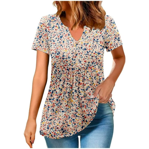 Womens V-Neck Tshirts Summer Henley Short Sleeve Tops Casual Pleated Blouse Dressy Loose Floral Basic Tee Oversize Blouses