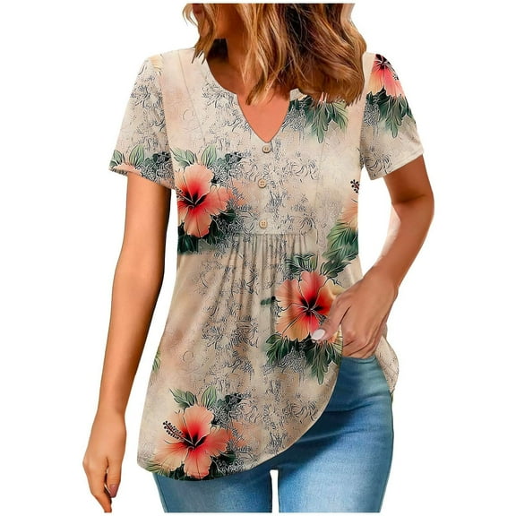 Womens V-Neck Tshirts Summer Henley Short Sleeve Tops Casual Pleated Blouse Dressy Loose Floral Basic Tee Oversize Blouses
