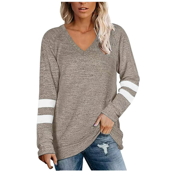 Womens V Neck Tunic Tops Dressy Casual Long Sleeve Comfy Soft Woolen Sweatshirt Striped Loose Fit Pullover Shirts
