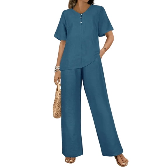 Womens V Neck Two Piece Set Short Sleeve Top and Casual Long Pants Fashion Slimming Outfit Blue XL