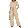 thumbnail image 1 of Womens V Neck Two Piece Set Short Sleeve Top and Casual Long Pants Fashion Slimming Outfit Khaki L, 1 of 7
