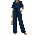 thumbnail image 1 of Womens V Neck Two Piece Set Short Sleeve Top and Casual Long Pants Fashion Slimming Outfit Navy Blue XXL, 1 of 7