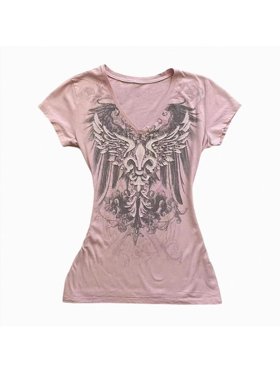 Womens V-Neck Vintage Graphic Print T-Shirt,Retro Rose Cross Tee