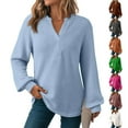 thumbnail image 1 of Womens V Neck Waffle Knit Shirts Casual Puff Long Sleeve Tops Trendy Loose Tunic Pullover Work Blouses Fall Outfits, 1 of 5