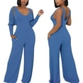 thumbnail image 1 of Womens V Neck Wide Leg Jumpsuits with Pockets Ribbed Long Sleeve Coat Pants 2 Piece Sets Outfits, 1 of 4