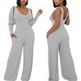 thumbnail image 1 of Womens V Neck Wide Leg Jumpsuits with Pockets Ribbed Long Sleeve Coat Pants 2 Piece Sets Outfits, 1 of 6