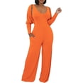 thumbnail image 1 of Womens V Neck Wide Leg Jumpsuits with Pockets Ribbed Long Sleeve Coat Pants 2 Piece Sets Outfits, 1 of 5