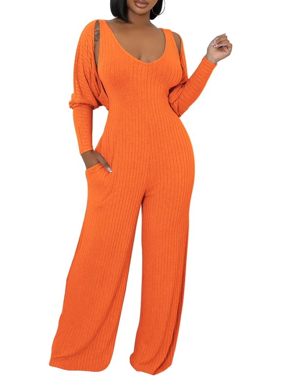 Womens V Neck Wide Leg Jumpsuits with Pockets Ribbed Long Sleeve Coat Pants 2 Piece Sets Outfits