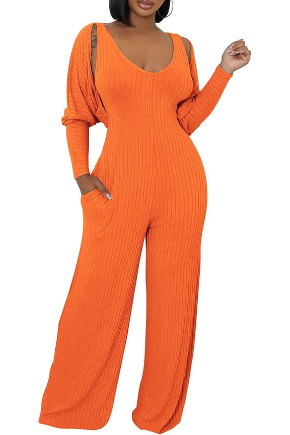 Womens V Neck Wide Leg Jumpsuits with Pockets Ribbed Long Sleeve Coat Pants 2 Piece Sets Outfits