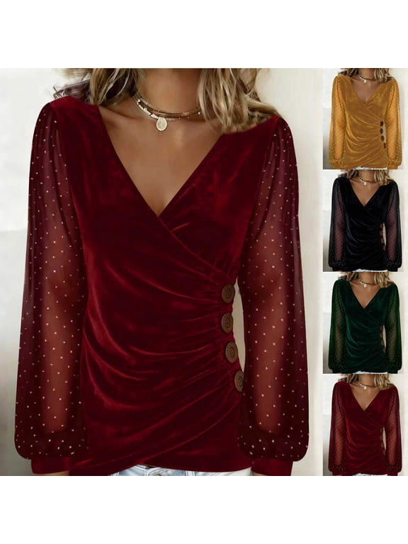 Womens V Neck Wrap Velvet Shirts Long Sleeve Rhinestone Mesh Patchwork Top Elegant Side Ruched Holiday Dressy Blouses Gold S