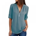 thumbnail image 1 of Womens V Neck Zip Cuffed Sleeve Flowy Business Casual Work Tunic Tops Shirts Blouse, 1 of 3