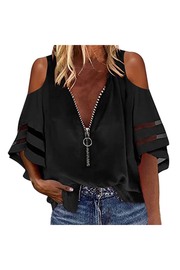 Womens V Neck Zipper Top Mesh Patchwork Sleeveless Blouse Summer Lightweight Breathable Loose Casual Shirt L