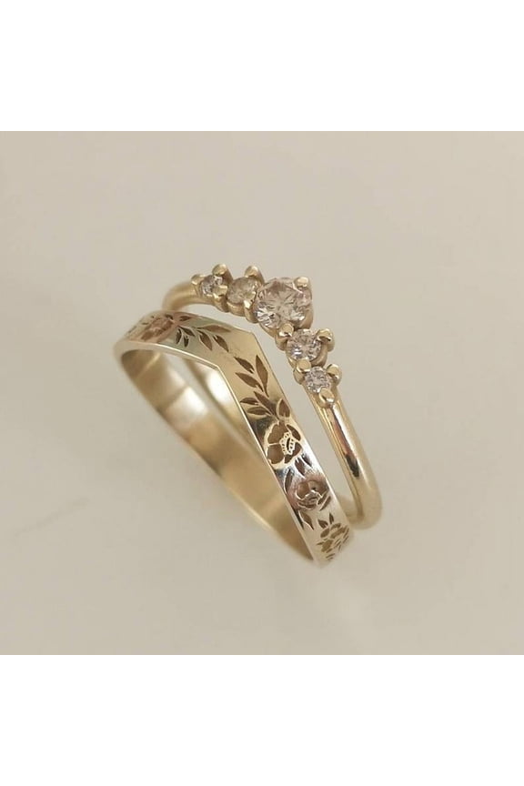 Womens V Shaped Double Ring Set Elegant Alloy Rings Electroplated Wreath Design Fashion Jewelry Accessories Two Rings