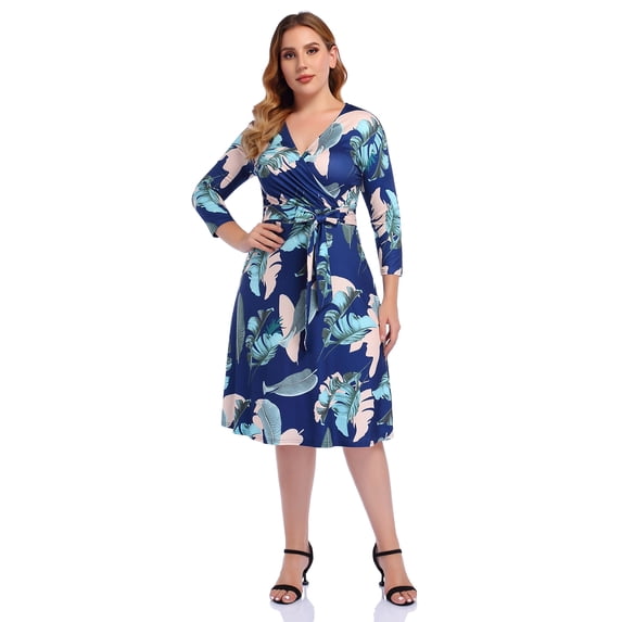 Womens V-neck 3/4 Sleeve A Line Midi Faux Wrap Plus Size Cocktail Party Swing Dress